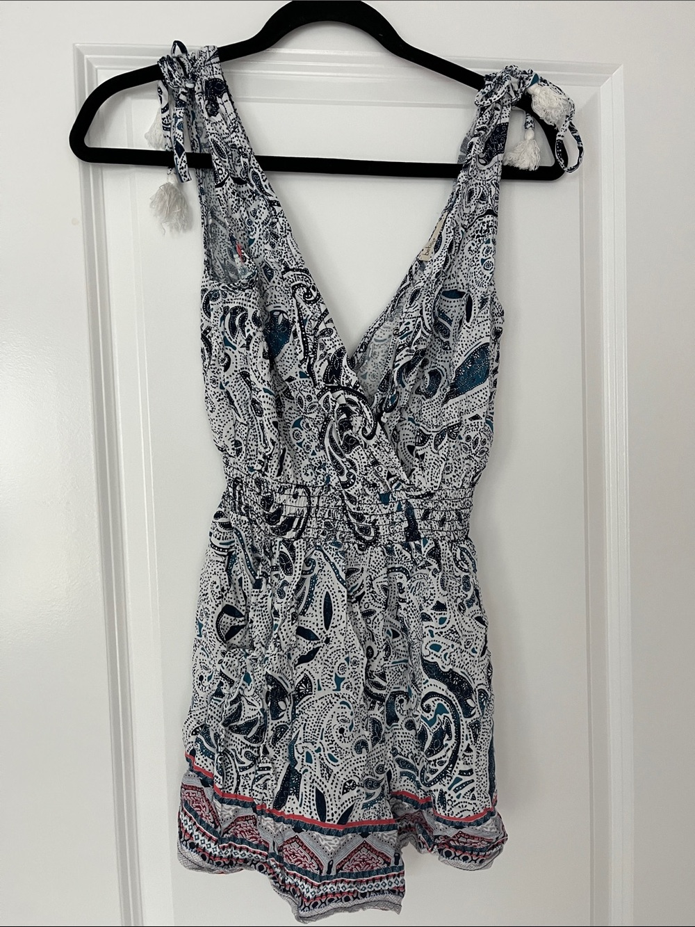 BeBop Navy & White Paisley Tie-Strap Romper cute tassels small